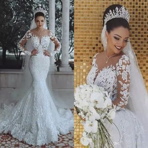 Dubai Luxury White Crystals Mermaid Wedding Dresses Sheer Neck långa ärmar Bröllop Brudklänningar med löstagbara överskjolar Train BA986 294E