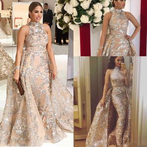 Elegant Champagne Mermaid Evening Formal Dresses Yousef Aljasmi Beaded Sequins High Neck Arabic Prom Party Gowns Detachable Overskirt 280m
