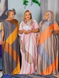 Ethnic Clothing New Style Silk Oversize African Women Clothing Dubai Dashiki Abaya Fr Size Print Design With Scarf Loose Long DressHB-293 T240510