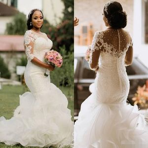 2021 Mermaid Wedding Dresses Luxury Beaded Crystals with 1 2 Half Sleeves Lace Applique Ruffles Sweep Train Custom Made Wedding Gown ve 279S