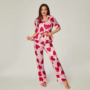 Hemkläder kvinnor vår sommar pyjama set hjärttryck kort ärm knapp stängning topp med byxor 2 stycken sömnkläder loungewear