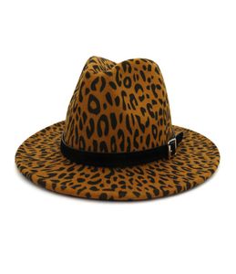 Jesienne zimowe kobiety szerokie grzbiet leopord drukowane sztuczne wełny kapelusze lady panama vintage fedora czapka jazzowa czapka z klamrą paska 60 cm9148600