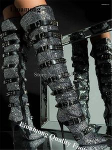 Boots Women Sexy Bling Diamond Rhinestone Stiletto Salto sobre Knee Black Crystal tlaps Fiftles Rivet Long High