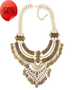 Boho Big Choker Necklace Women Inlaid Carving Jewelry Vintage Necklaces Metal Chain Coin Pendant Statement Necklaces14434340