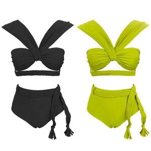 Color Solid Braided Rope Strap High Waisted INS Split Swimsuit For Women New Bikini