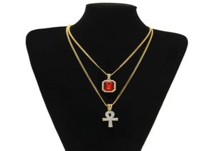 Египетский египетский крупный подвесной ожерелья ANKH устанавливает мини -квадрат Ruby Sapphire с Charms Cuban Link Chain для Mens Hip Hop 84104121729517