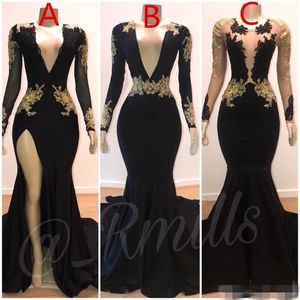 Sexig sidoslits Black Prom Dresses Mermaid V Neck Gold Lace Applique Plunging Plus Size Custom Made Longeple Formal Evening Party Go 2608