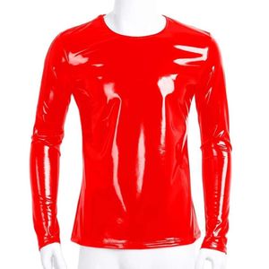 Plus Size Mens Glossy PVC T-shirt Erotic Sheath Latex Casual Coat Male Shiny Metallic Long-sleeved Leather Tops Sexi Catsuit Costumes