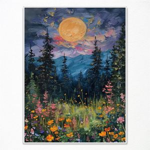 Vintage Vollmond über den Wildblumen Leinwand Wandkunst Mystische Mitternacht Waldkunstdruckplakat Retro Blumen und Bäume Naturölmalerei dunkler Wald