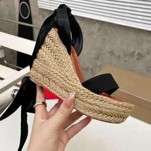 本物のシルクアンクルストラップウェッジサンダル女性エスカドリルハイヒール夏のプラットフォーム靴調整可能なウェディングドレスシューズボックス565