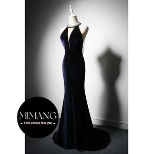 Backless Halter Navy Evening Dress Velvet Zipper Party Dress Bride Fishtail Fit Evening Dress For Women