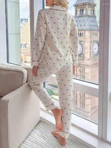 Hemkläder Kvinnor Pyjama Set Cherry Print Lång ärmknappstängning Toppar med byxor Sleepwear Loungewear