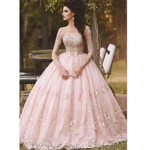 Balo Elbiseleri Balo Elbise Dantelli Aplike Pembe Uzun Kollu Yay Sheer Neck 2018 Vintage Tatlı 16 Kız Debutantes Quinceanera Dress 209c