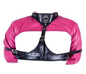 Vuxen Game Pu Leather Handhandskar Bonday Restraints Collar Sexig bröstbärande outfit Erotic Female Straitjacket2959697