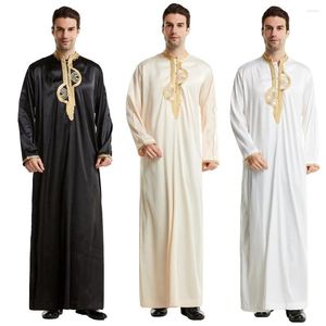 Ethnische Kleidung Satin Stickerei Jubba Thobe muslimische Männer Robe Islam Saudi Arabisch Kleid Eid Ramadan Thoub Thawb Abaya Kleid Kaftan Abayas