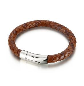 Handmade Jewelry Men039s Brown Blue Color 8mm Leather Cord Braided Chain Bracelet 215mm Stainless Steel Clasp6358880