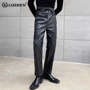 Men's Pants LUZHEN 2024 Fashion High Quality Street Personalized Metal Buckle Decorative Leather Pants Mens Straight Casual Pu Trousers 68b614L2405