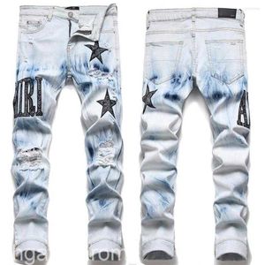 Miri Jeans Designer dżinsy europejski gwiazda dżinsów Mężczyźni haftowa patchwork zgrane dżinsy trend marki motocykl spodni chudy ludowe dżinsy ksubi ksubi