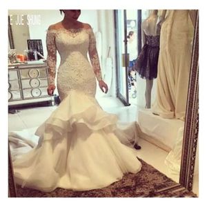 E JUE SHUNG White Organza Lace Appliques Mermaid Dresses Off the Shoulder Long Sleeves Wedding Gowns robe de soiree 312S