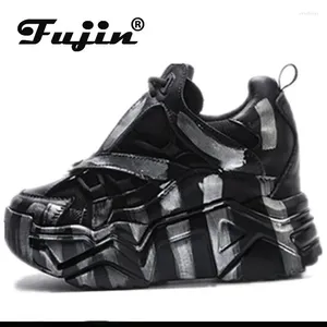 Casual Shoes Fujin 8cm naturligt äkta läder supertjock sula fotled kvinnor snörning upp hösten vår dolda klackar mode kvinnor