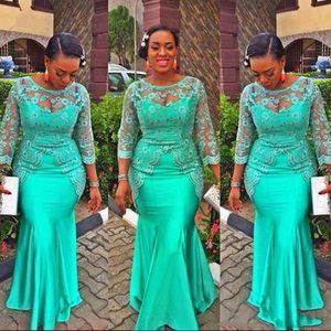 Turquoise African Mermaid Evening Dress 2019 Vintage Lace Nigeria Long Sleeves Prom Dresses Aso Ebi Style Evening Party Gowns 291C