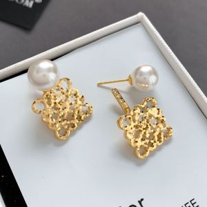 Earrings Designer For Women 18K Gold Plated Square Pearls Stud Brand Design Zircon Hollow Out Carving Earring With Box For Party Weddings Gifts