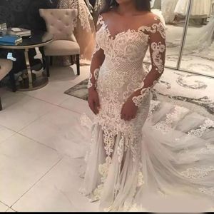 Sexy Mermaid Lace Wedding Dresses With Sheer Neckline Appliques Illusion Long Sleeves Wedding Dress See Through Tulle Long Train Bridal 251K