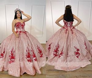 Glitter Sequins Tulle Rose Pink Prom Quinceanera Dresses Red Floral Applique Beading Strapless Corset Back Princess Sweet 16 Dress7203730