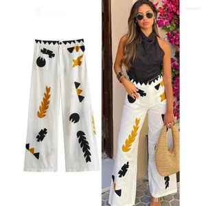 Men's Pants Female Wide Leg High Waist Cartoon Pattern Embroidery Pockets Button Woman's Chic Summer Casual Long Fashion Oodji Befree