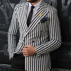 Jesień Wysokiej jakości czarno -biała lina w paski męskiej garnitur płaszcz Blazer Wedding Prom Party Slim Fit Kurtka tylko jeden kawałek 249o