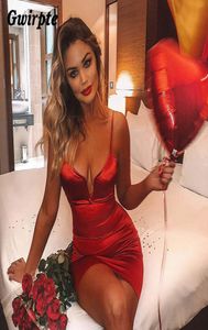 GWIRPTE 2019 Strap V Neck Dress Women Sexig Bodycon Silky Satin Dresses Sleeveless Backless Bandage Mini Vestidos Kvinna Y190510014323472