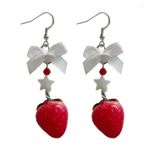 Kolczyki Dangle Eleganckie Bowknot Strawberry Ears Pierścienie Słodkie i delikatne owoc