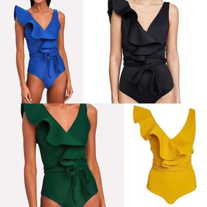 Color Solid Heavy Industry Pressed Thread Ruffled Edge Woven Rope Waistband One Piece Swimsuit For Women New Swimwear