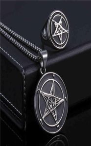 Jewelry Sets Elfasio Set Ring Necklace Baphomet Goat Pentagram Satan Symbol Stainless Steel Both Sided Pendant Chain8252199