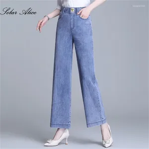Kvinnors jeans 2024 Kvinnors sommar med hög midja raka ben tunna löst elastiska midja drapera bred ben ankel längdbyxor