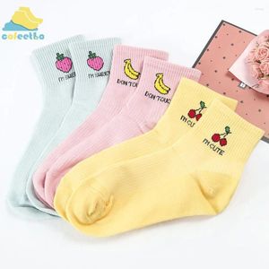 Women Socks 1 Pair Candy Color Cute Fruit Pattern Kawaii Casual Cotton Ankle Banana/Strawberry/Apple/Pineapple Short