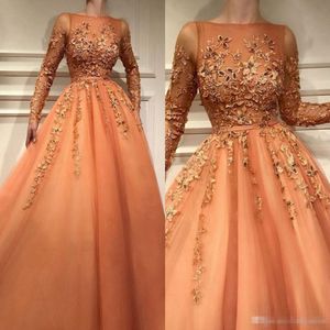 Popular Orange Long Sleeve Evening Dresses Arabic Sheer Bateau Neckline Appliqued Sequins Long Formal Pageant Gowns Prom Dress 2434