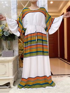 Ethnic Clothing 2024 New African Kaftan Women Cotton Abaya Dresses Batwing Slve Loose Style Dashiki Dubai Stripe Lady Elastic waistband Dress T240510