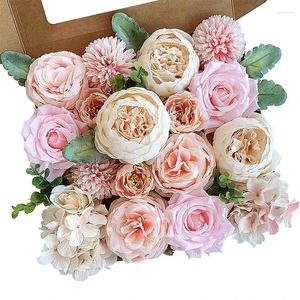 Dekoratif Çiçekler Yapay Combo Kutu Seti İpek Dahlia DIY Düğün Buketleri Gelin Duş Süslemeleri Sahte Çiçek Centerpieces