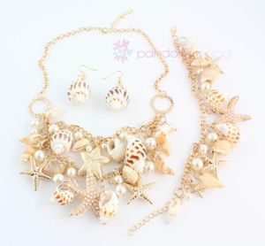 2015 New Design Fashion Golden Chain Multielement Pearl Beads Shell Conch Starfish Necklace Set17030738