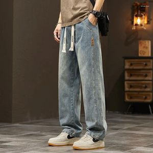 Mäns jeans amerikanska vintage män rak trendiga mångsidiga lös sommar tunna elastiska midja fickor dragkammare casual breda benbyxor