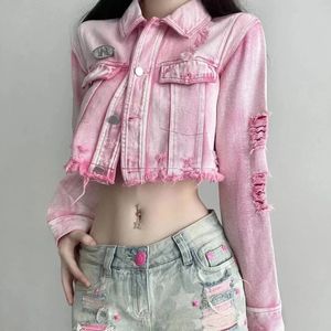Giacche di jeans di moda Donne Spring Autumn Short Jacket Jean Coats Casual Maniche lunghe fori sciolti per rosa 240423