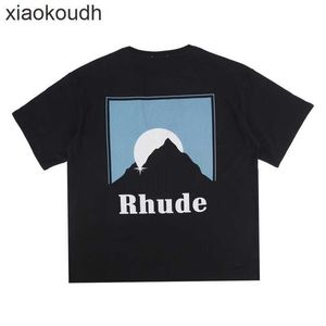 Rhude High End Designer T-shirts för Hip Hop Sunset Print High Street Mens and Womens Kort ärm T-shirt Tide Orange Blue med 1: 1 Original etiketter