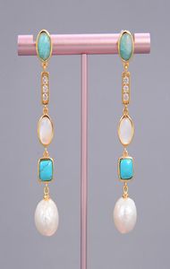GuaiGuai Jewelry White Keshi Pearl shell Blue Turquoise Amazonite Drop Stud Earrings Handmade For Women Real Gems Stone Lady Fashi6082429
