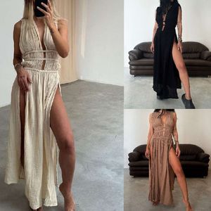 Neues Design Bohemian Leinenmischung ärmellose geflochtene Gürtelausschnittsschlitz Maxi Langes Kleid Split Kleidung Rock FZ2405111