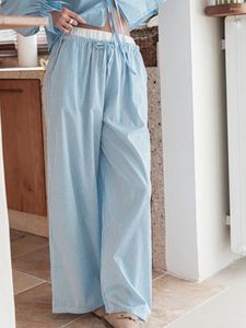 Women's Pants Women Loose Wide Leg Casual Stripe Print Elastic Drawstring Trousers With Pockets For Work Office Streetwear Daily Life