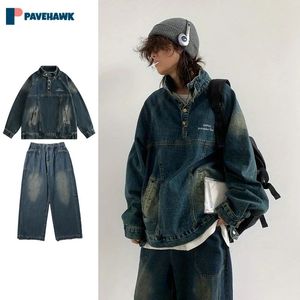 Japanische Straße Denim Set Herren losen lässige Cowboy Pulloverwide Leg Fracht Jeans 2-teilige Sets Spring Herbst Wash Retro Anzüge 240426