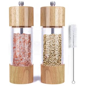 Wooden Salt and Pepper Grinder Set Manual Mills with Acrylic Visible Window Cleaning Brush 2 Pack 240429