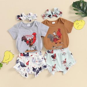 Kläder sätter sommarfödd baby pojke tjejkläder tuppar brev tryck kort ärm o-hals bodysuits ruffles höga midjeshorts kläder