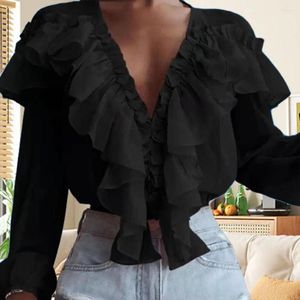 Women's Blouses V-neck Long Sleeve Solid Color Loose Chiffon Shirt Ruffle Collar Sweet Pullover Blouse Women Office Lady Shirts